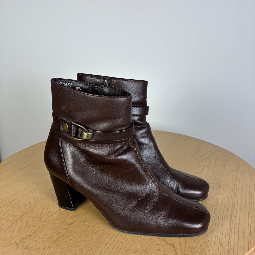 Nine & Co Leather Ankle Boots Square Toe Block Heel Women's 8W 90s Retro Fall